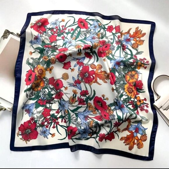 New Elegant Bandana Square Silky Scarf BLACK Flowers Garden Versatile Shawl Wrap - Picture 4 of 5